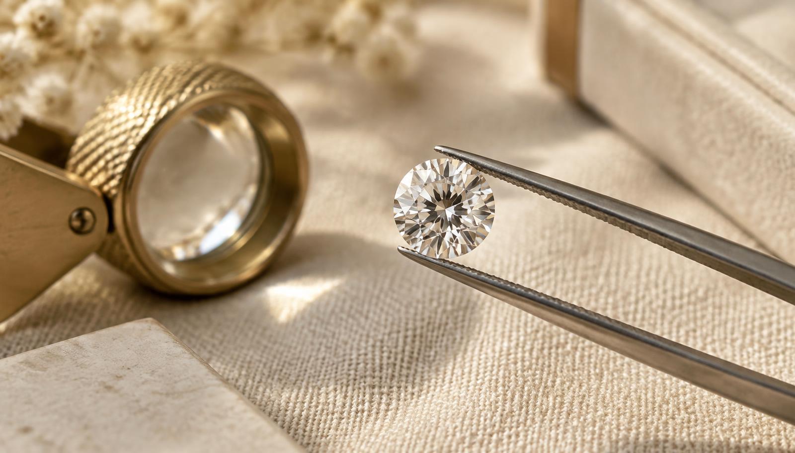A brilliant round diamond held in jeweller's tweezers