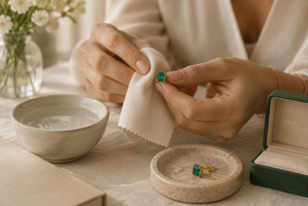 A woman's hands gently cleaning an emerald and gold earring with a soft cloth