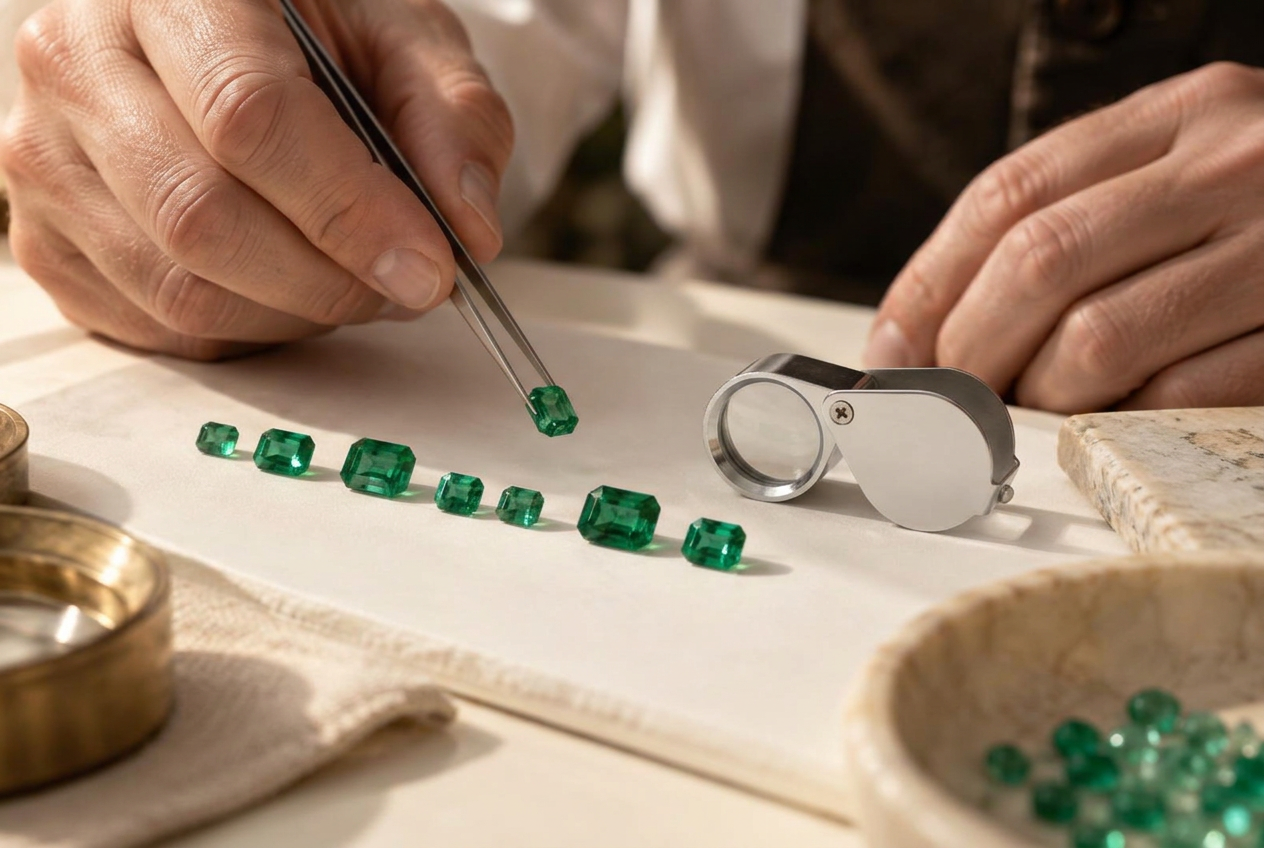 A master jeweller selecting Colombian emeralds with tweezers on a clean white desk
