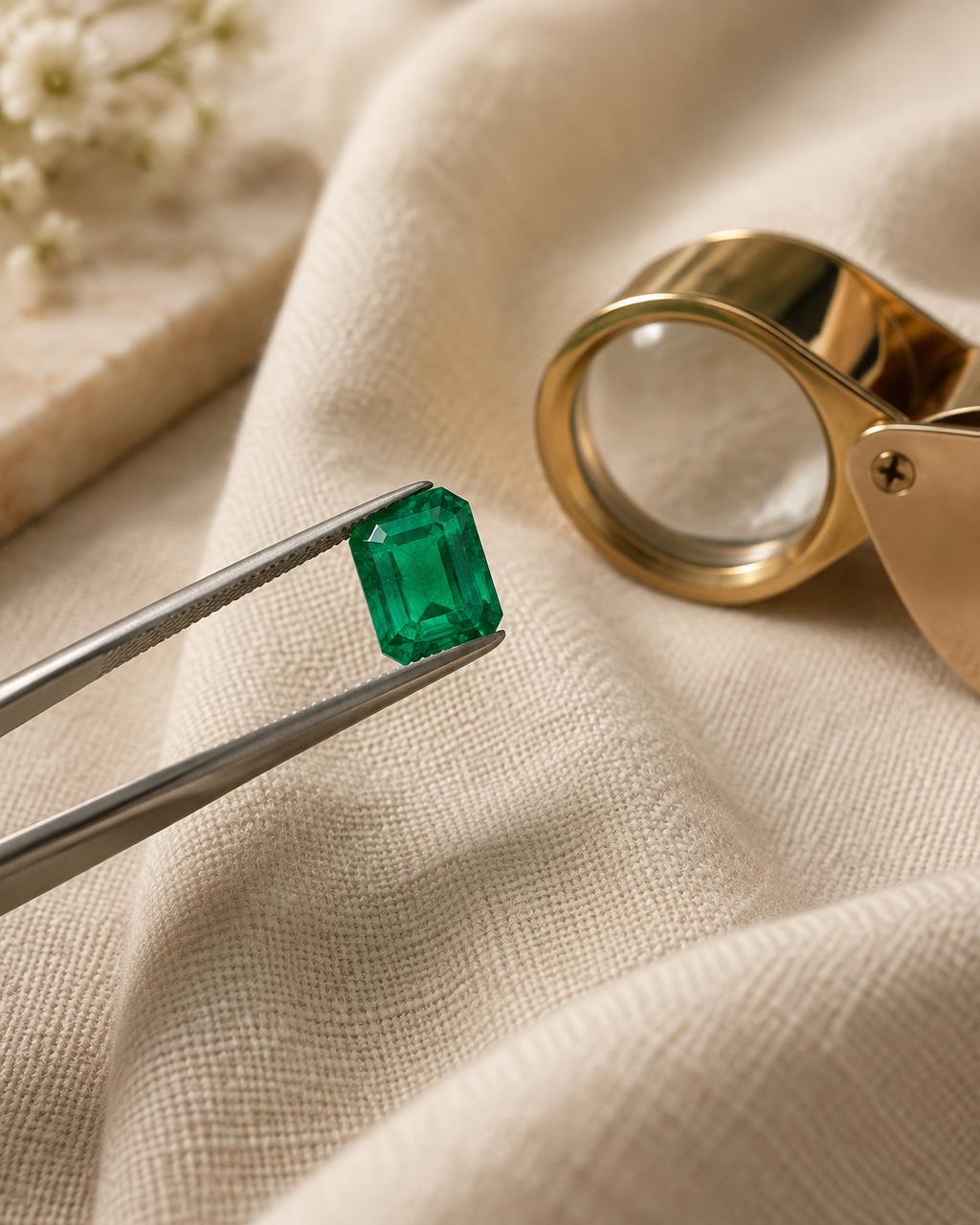 A loose Colombian emerald held in jeweller's tweezers beside a gold loupe