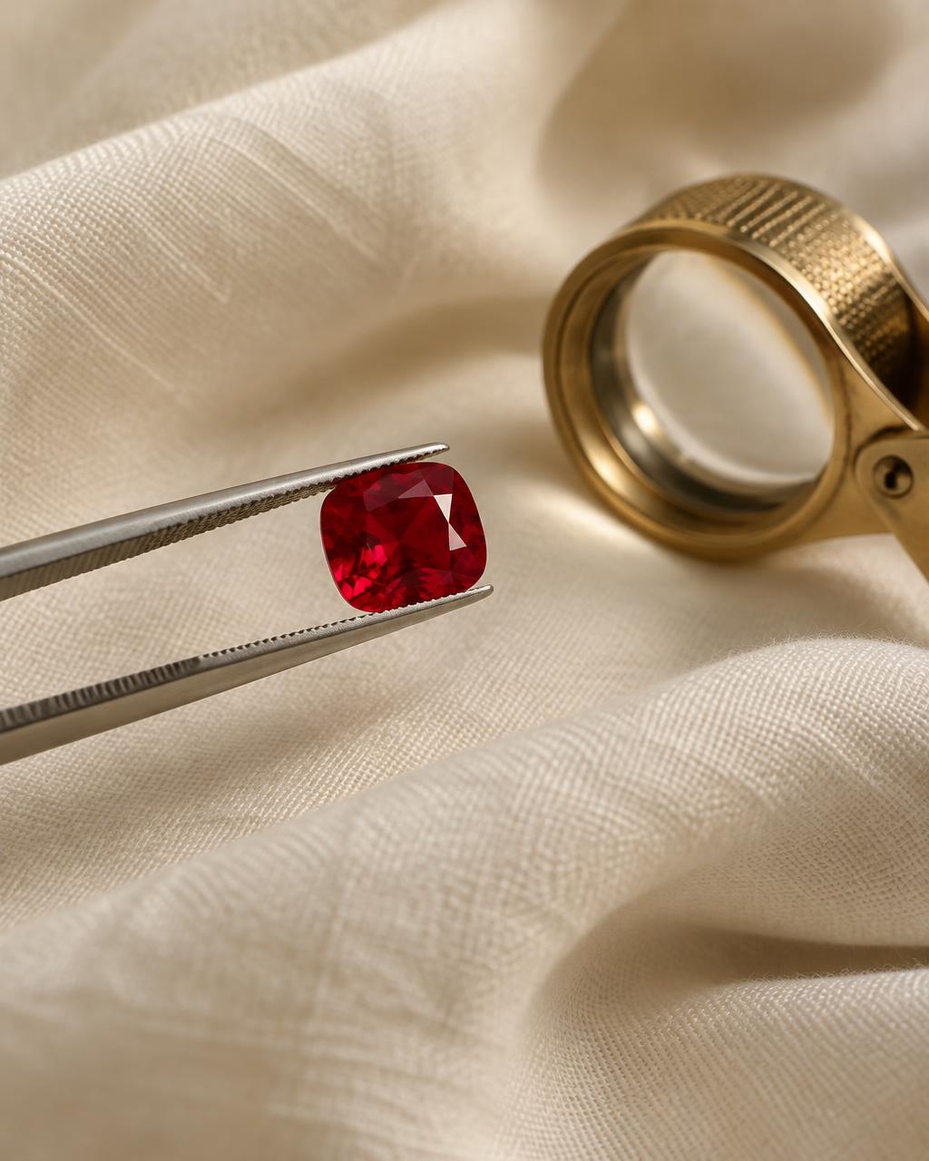 A loose red cushion-cut ruby held in jeweller's tweezers beside a gold loupe