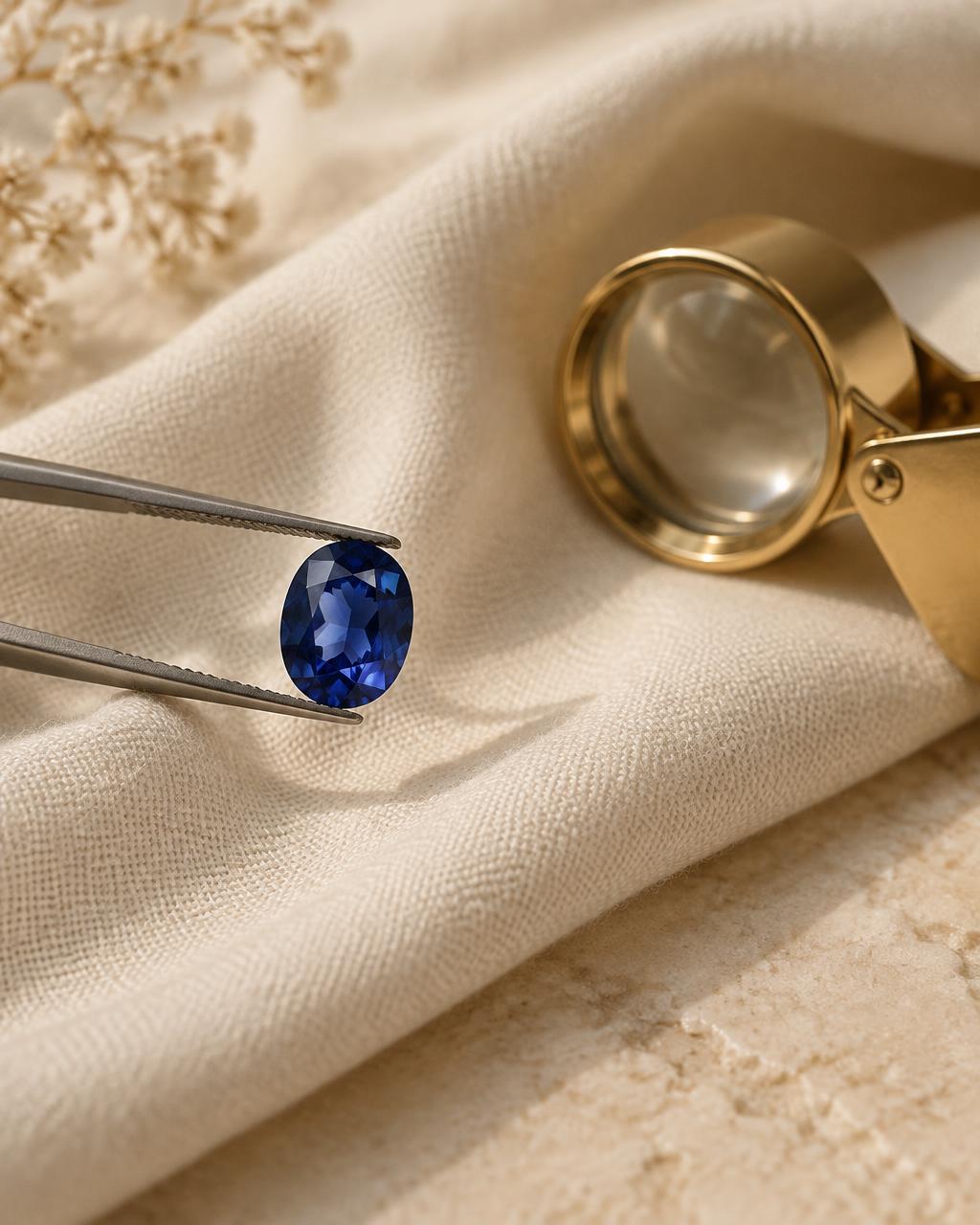 A loose blue oval sapphire held in jeweller's tweezers beside a gold loupe